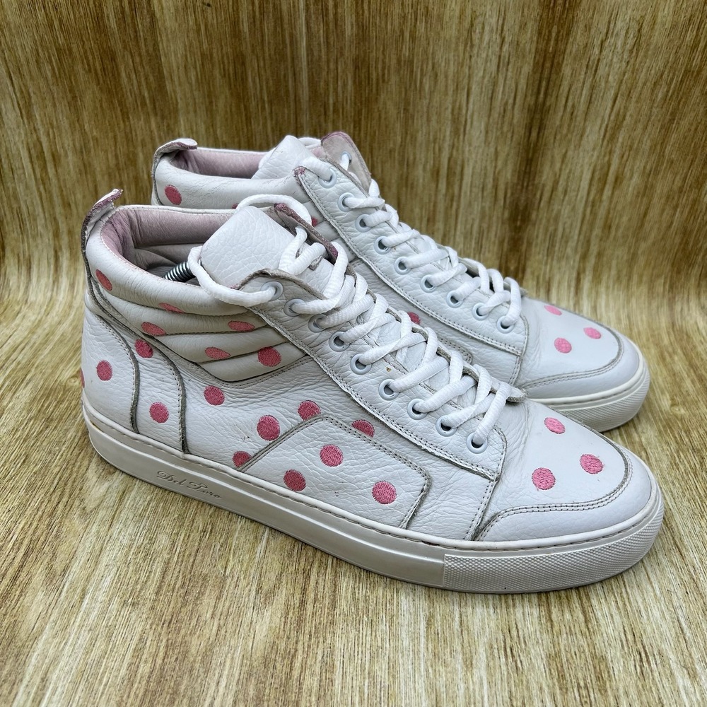 Del Toro High Top Sneakers Men's 11 White Pink Polka Dot Leather Made in Italy